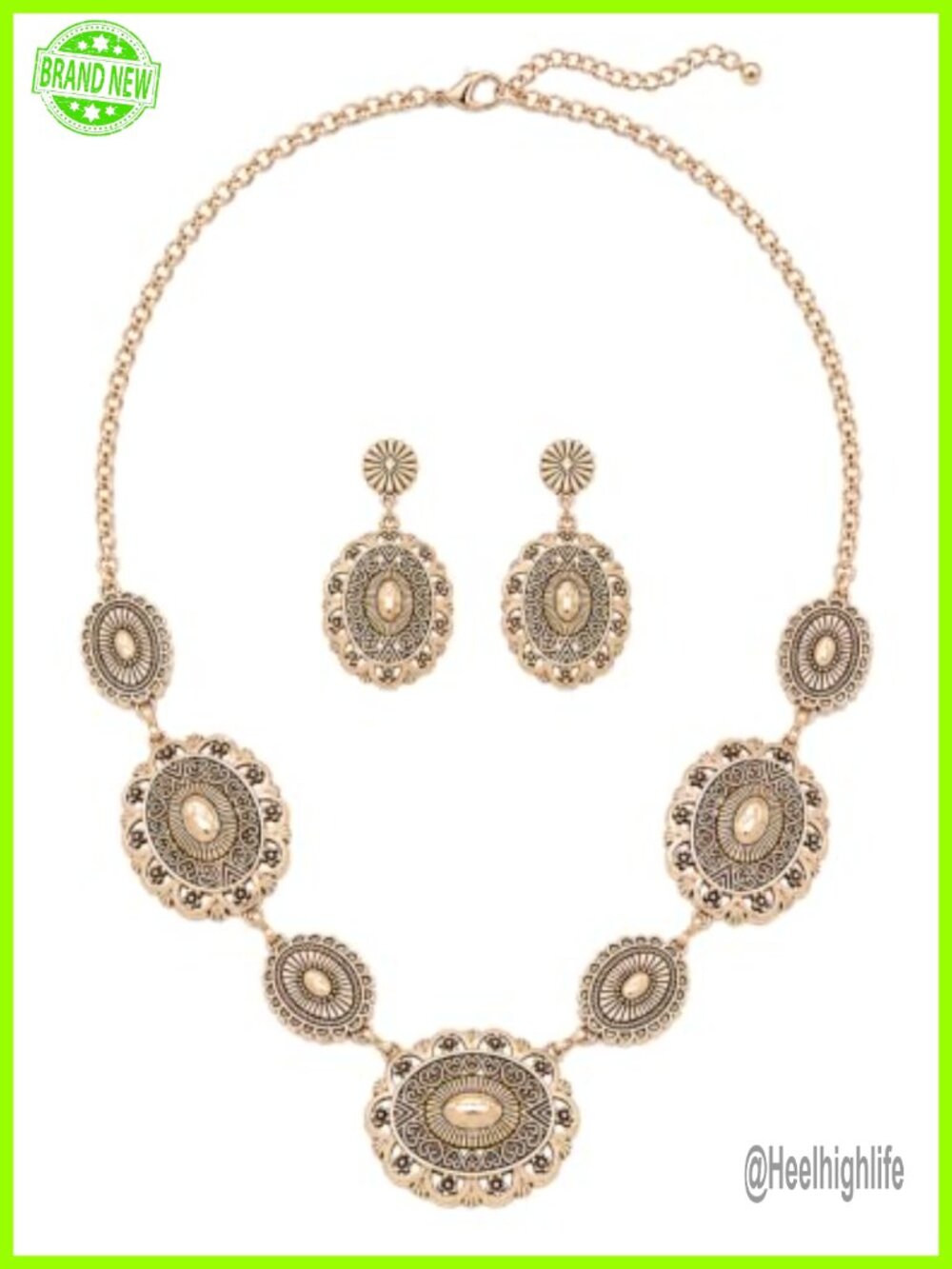 Western Cowgirl Necklace and Earring Set Antique Gold Tone Dangle